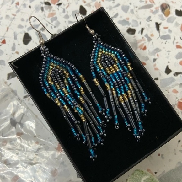Bohemian Blue Gold Beaded Dangle Earrings Sterling Silver Eclectic Tribal NEW - Picture 4 of 8
